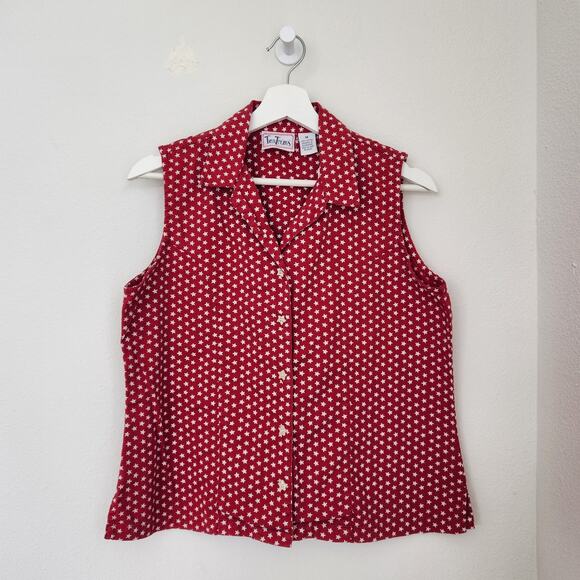Vintage TanTrums Red White Star Americana Sleeveless Button Down Shirt M - Picture 1 of 8